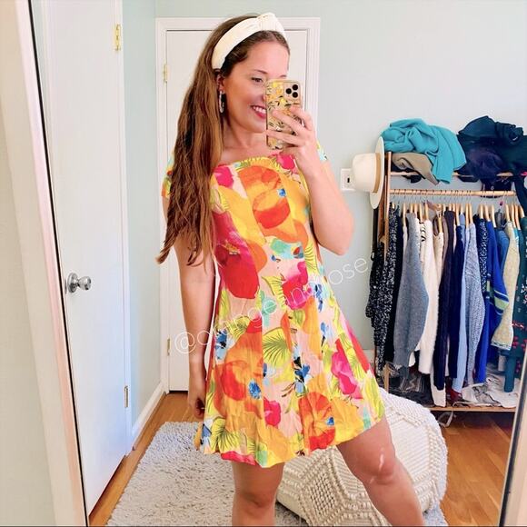 FARM Rio Brazil Vibrant Yellow Orange Tropical Soft Cotton Colorful Mini Dress S - Picture 1 of 12